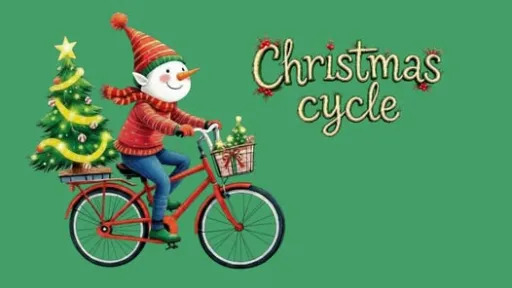 An elf on a bicycle with a Christmas tree on the carrier, and the text: Christmas Cycle, Sunday 14 December, Courtyard coffee, 10:00am