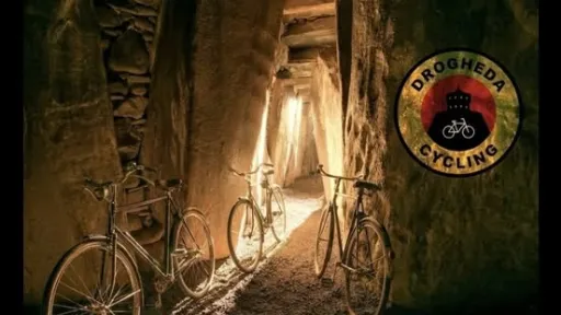 Bicycles line the passage of Newgrange as the sunlight enters the chamber, with the text, The Winter Solstice Cycle, Sunday 21 December 7:15AM, St Dominic's Park