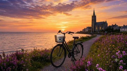 Bicycle with bucket of ice cream in basket and church in background