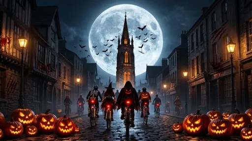 Cyclists in spooky costumes cycle towards a bell tower in front of the moon, with pumpkins in the foreground