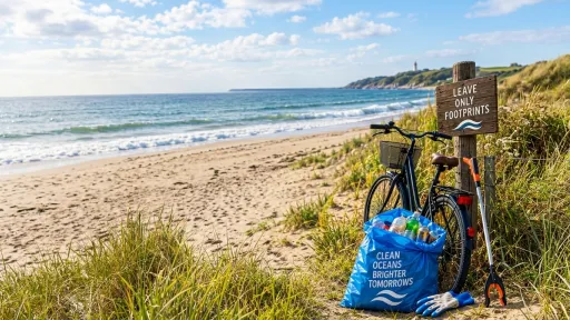 A bicycle on a beach with a bag of rubbish and a grabber stick. A sign says "leave only footprints".