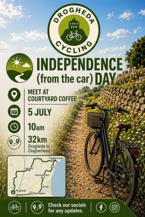 Independence (from the car) Day banner with bicycle on dirth path with title and date