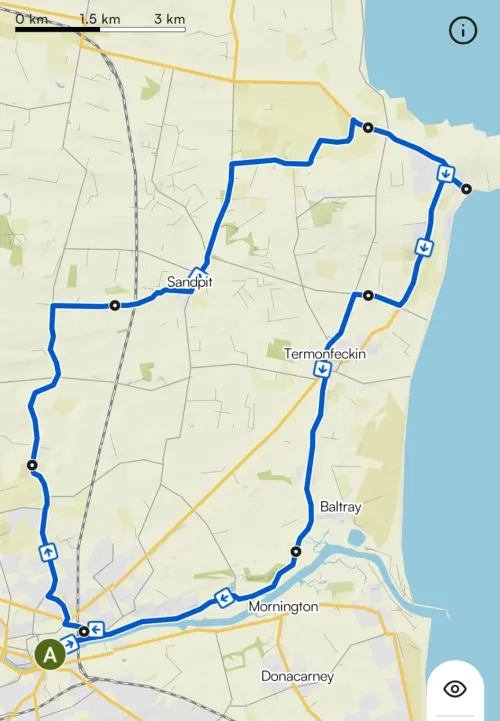 Map showing route from Droghda to Clogherhead and back