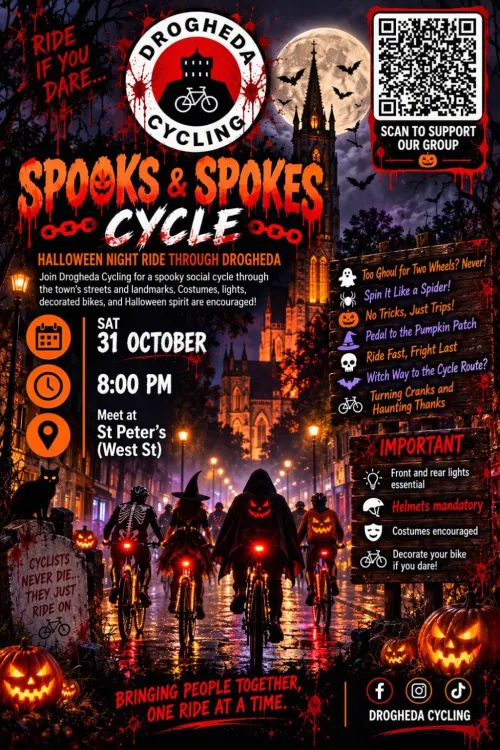 Poster promoting Spooks and Spokes cycle, with a large church steeple in front of the moon and cyclests in spooky costumes