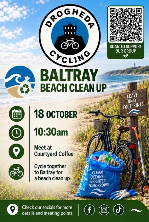 Poster for Baltray Beach Clean Up cycle, taking place on 18 October at 10:30. It shows a bicycle on a beach next to a bag of rubbish and a grabber stick.
